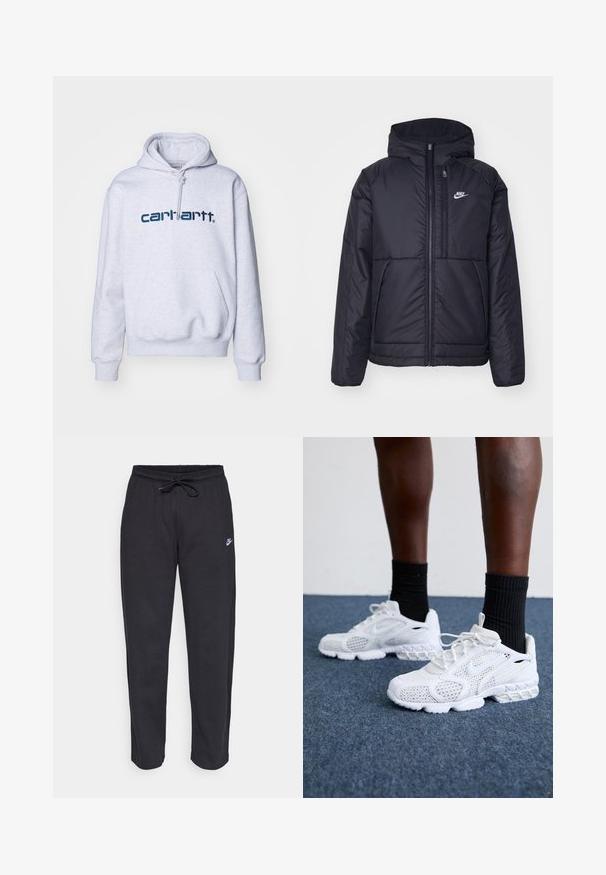 Casaco Nike preto, acolchoado, com fecho à frente e capuz. Apresenta um logo branco no lado esquerdo do peito e dois bolsos frontais. Textura exterior lisa.; Carhartt WIP HOODED - Sweatshirt com capuz - ash heather/duck blue; Calças de treino pretas feitas de tecido suave, com faixa elástica na cintura, cordão regulador e um pequeno logótipo da Nike na coxa esquerda.; Tênis atléticos brancos com parte superior em malha, detalhes texturizados e sola acolchoada. Combinados com meias cano alto pretas com nervuras sobre uma superfície de carpete azul.