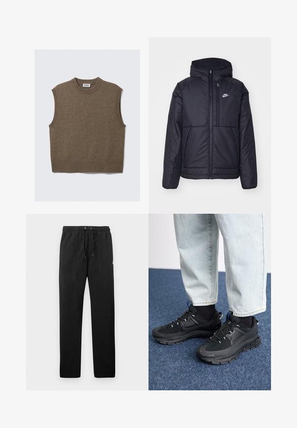 Schwarze, gepolsterte Nike-Jacke mit Frontreißverschluss und Kapuze. Hat ein weißes Logo auf der linken Brust und zwei Fronttaschen. Glattes äußeres Material.; Brauner gestrickter ärmelloser Strickpullover mit geripptem Rundhalsausschnitt, Armausschnitten und Saum, flach auf einem weißen Hintergrund ausgelegt.; Schwarze Sweatpants aus Fleece, mit einem elastischen Bund mit Kordelzug, zwei Fronttaschen und einem kleinen Logo auf dem Oberschenkel.; Schwarze Sportschuhe aus strukturiertem Stoff mit Gummisohlen, ausgestattet mit elastischen Schnürsenkeln und einem blauen Akzent an der Ferse. Getragen mit hellen Jeans.