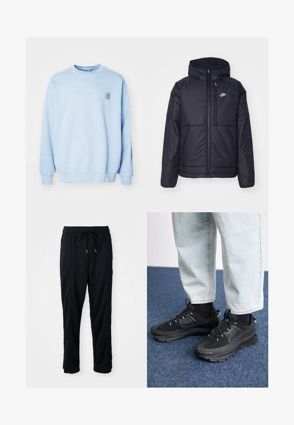 Must musta Nike jope, millel on ees lukuga avamine ja kapuuts. Vasakpoolne rind on kaunistatud valge logoga ning ees on kaks taskut. Sile välimine tekstuur.; Carhartt WIP VISTA - Pusa - dusty ice garment dyed; Mustad nööridega vööga igapäevased mustad püksid, külgseamipocketid ja sirge sääre lõikega, ühtlasel taustal.; Mustad mustad jooksukingad, millel on tekstureeritud kangas ja kummist tallad, elastsed nöörid ning sinine aksent kandadel. Kandmine heledate teksadega.