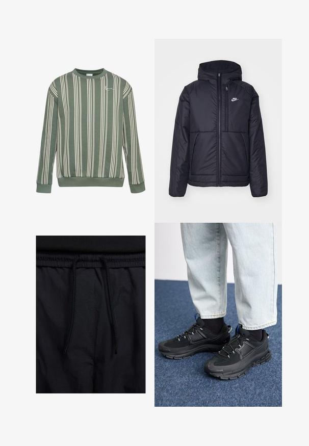 Crna Nike jakna s podstavom, dugmadi sprijeda i kapuljačom. Ima bijeli logotip na lijevoj strani prsnog koša i dva prednja džepa. Glatka vanjska tekstura.; Zeleni majica s prugama na dugim rukavima, s vertikalnim bijelim prugama i ovratnikom u obliku kruga. Meka tkanina s rebrastim rubom i manžetama.; Crne kratke hlače s pojasom na vezanje, lagani materijal s glatkom teksturom i jednostavan dizajn bez vidljivih logotipa ili uzoraka.; Crne atletske cipele s teksturiranom tkaninom i gumene potplate, s elastičnim vezicama i plavim akcentom na peti. Nosene su s svijetlim trapericama.