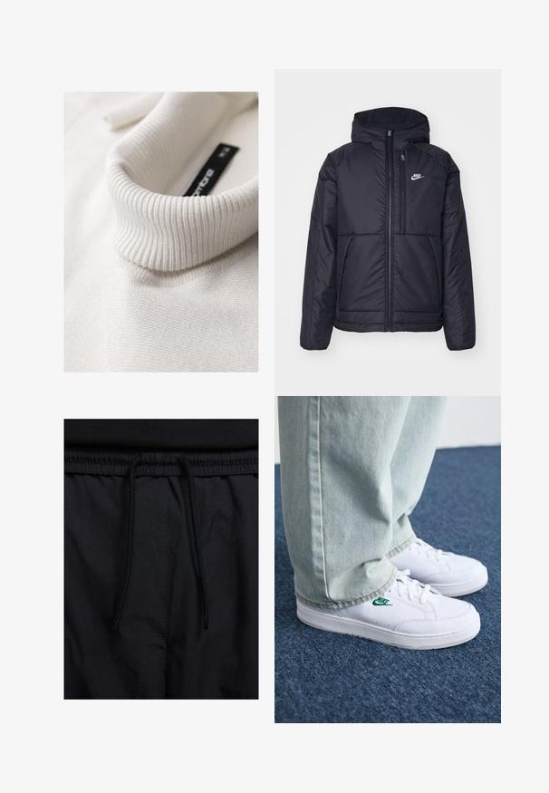 Veste Nike noire rembourrée avec une fermeture éclair sur le devant et une capuche. Elle présente un logo blanc sur la poitrine gauche et deux poches avant. Texture extérieure lisse.; Un pull à col roulé blanc à côtes vu en gros plan, mettant en avant sa texture et les détails de pliage du col.; Shorts noirs avec un élastique à cordon de serrage, en tissu léger avec une texture lisse, et un design simple sans logos ni motifs visibles.; Baskets en cuir blanc avec logo Nike vert, bout rond, semelle plate, associées à un pantalon en denim bleu clair, présentées sur un tapis bleu.