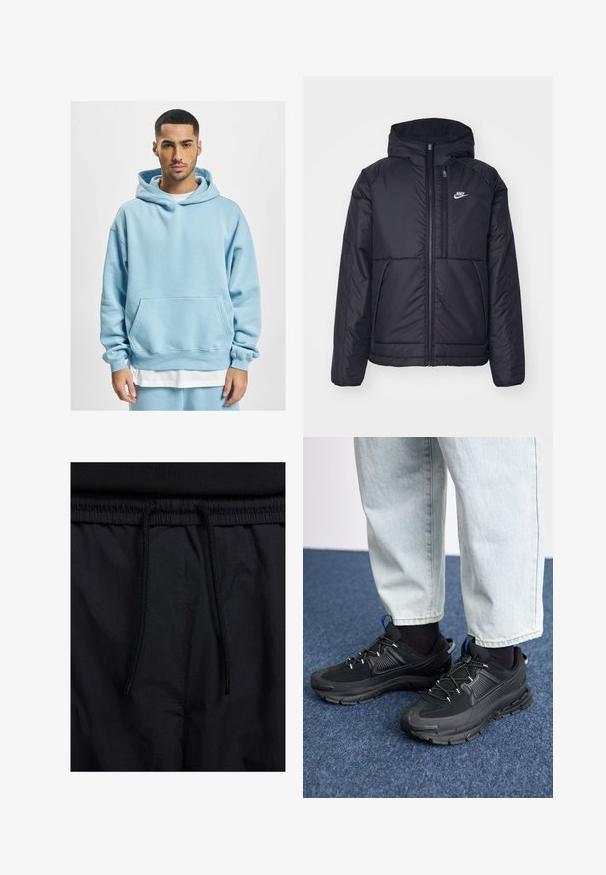 Sort, polstret Nike-jakke med frontlynlås og hætte. Har et hvidt logo på venstre bryst og to frontlommer. Glat ydre tekstur.; Lyseblå hoodie lavet af blødt stof, med en kengurulomme, snor i hætten og ribbede manchetter. Lagt over en hvid skjorte.; Sorte shorts med snoretræk i taljen, letvægtsstof med en glat tekstur og et simpelt design uden synlige logoer eller mønstre.; Sorte træningssko med tekstureret stof og gummisåler, udstyret med elastiske snørebånd og en blå detalje på hælen. Bæres med lyse denimbukser.