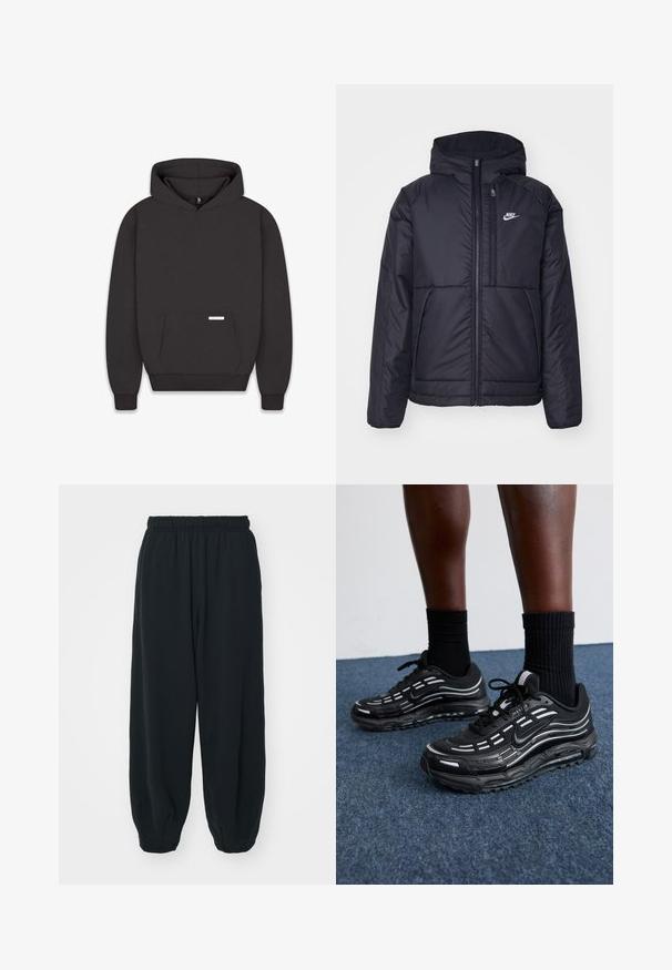 Veste Nike noire rembourrée avec une fermeture éclair sur le devant et une capuche. Elle présente un logo blanc sur la poitrine gauche et deux poches avant. Texture extérieure lisse.; Sweatshirt noir avec capuche, poche avant, poignets et ourlet côtelés. Fabriqué en tissu doux avec une étiquette sur la poche. Design minimaliste.; Pantalons de survêtement noirs avec taille élastiquée, coupe ample, chevilles côtelées, texture lisse et sans motifs ni accents matériels visibles.; Des chaussures Nike noires présentent une tige en mesh avec des rayures d'accent, un laçage texturé et une semelle en caoutchouc noir. Portées avec des chaussettes noires côtelées.
