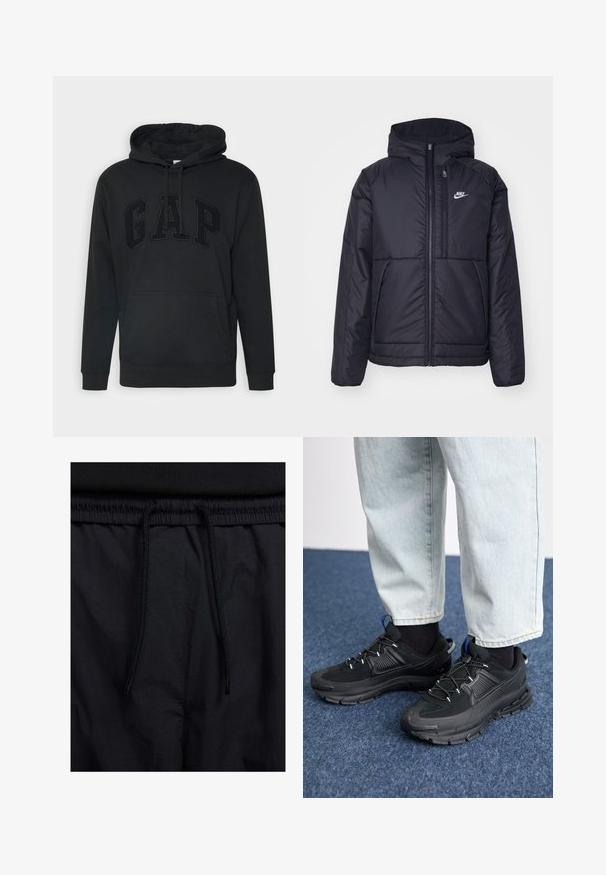 Casaco Nike preto, acolchoado, com fecho à frente e capuz. Apresenta um logo branco no lado esquerdo do peito e dois bolsos frontais. Textura exterior lisa.; Sweatshirt preta com um grande bolso frontal, capuz com cordão e logótipo "GAP" em relevo na mesma cor. Feita de tecido suave com punhos canelados.; Calções pretos com um cós elástico ajustável, fabricados em tecido leve com uma textura suave e um design simples, sem logótipos ou padrões visíveis.; Sapatilhas desportivas pretas com tecido texturizado e solas em borracha, apresentando atacadores elásticos e um detalhe azul no calcanhar. Usadas com calças de ganga claras.