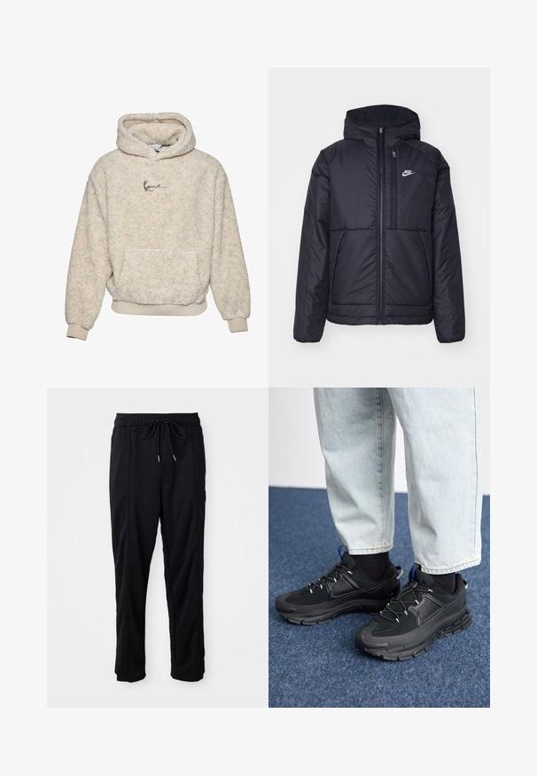 Svart, vadderad Nike-jacka med dragkedja framtill och huva. Har en vit logotyp på vänster bröst och dubbla framfickor. Slät yttextur.; Krämfärgad fleece hoodie med ficka fram, åtsittande ärmslut och en diskret logotypdetalj på bröstet. Mjuk, texturerad yta.; Svarta byxor med dragsko i midjan, avslappnad stil, med sidfickor och rak benklippning på en plain bakgrund.; Svarta sportskor med texturerat tyg och gummisulor, med elastiska snörningar och en blå detalj på hälen. Bärs med ljusa jeans.