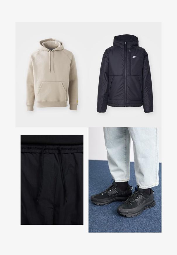 Veste Nike noire rembourrée avec une fermeture éclair sur le devant et une capuche. Elle présente un logo blanc sur la poitrine gauche et deux poches avant. Texture extérieure lisse.; Hoodie kaki avec une grande poche avant, des poignets et un ourlet côtelés. Équipé de cordons de serrage réglables et d'une coupe décontractée. Confectionné en tissu doux.; Shorts noirs avec un élastique à cordon de serrage, en tissu léger avec une texture lisse, et un design simple sans logos ni motifs visibles.; Des chaussures de sport noires avec un tissu texturé et des semelles en caoutchouc, dotées de lacets élastiques et d'un accent bleu au talon. Portées avec un pantalon en denim clair.