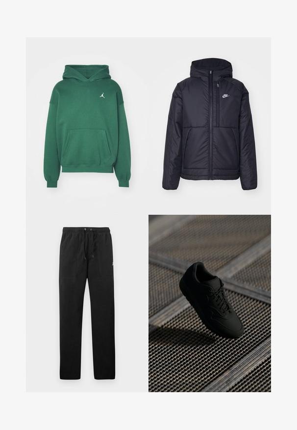 Melna, pufota Nike jaka ar priekšējo rāvējslēdzēju un kapuci. Iezīmēta ar baltu logotipu uz kreisās krūtis un divām priekšējām kabatām. Gluda ārējā tekstūra.; Zaļa kapuce ar mīkstu audumu, ar priekšējo kabatu un baltu logotipu kreisajā krūtī. Ribotas piedurknes un apakšmala.; Melnas sporta bikses, izgatavotas no flīsa, ar elastīgu jostasviedi un auklām, diviem priekšējiem kabatām un nelielu logo uz augšstilba.; Melni sporta apavi ar gludu tekstūru, noapaļotu purngalu, sasienamu priekšpusi un smalku zīmola atpazīstamību. Rādīti uz teksturēta, industriāla fona.