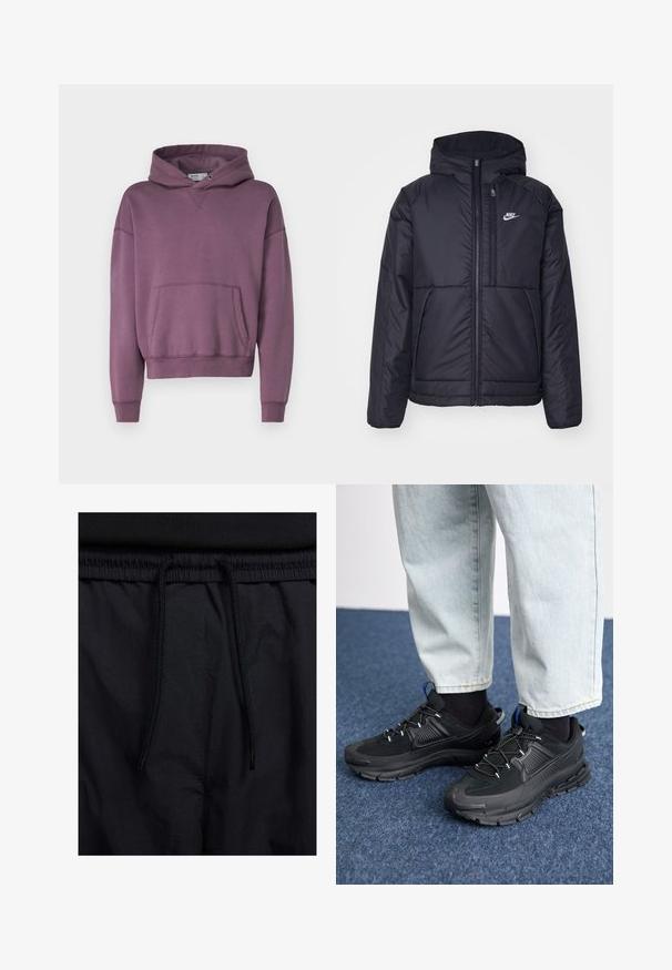 Melna, pufota Nike jaka ar priekšējo rāvējslēdzēju un kapuci. Iezīmēta ar baltu logotipu uz kreisās krūtis un divām priekšējām kabatām. Gluda ārējā tekstūra.; Violetas kapucēta džemperis ar priekšējo kabatu, ribotām aprocēm un apakšmalu, ar brīvu piegriezumu un mīkstu tekstūru.; Melni šorti ar sašūtu jostu, viegls audums ar gludu tekstūru un vienkāršs dizains bez redzamiem logotipiem vai paraugiem.; Melni sporta apavi ar strukturētu audumu un gumijas zoli, ar elastīgām auklām un zilu akcentu uz papēža. Nēsāti ar gaišām džinsu biksēm.