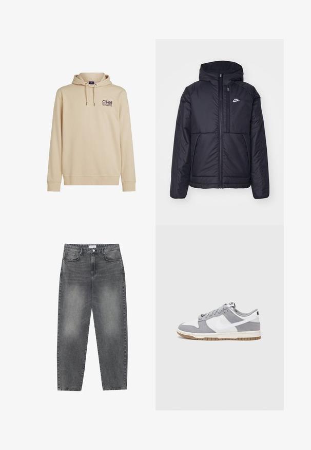 Musta, pehmustettu Nike-takki, jossa on etuvetoketju ja huppu. Vasemmassa rinnassa on valkoinen logo ja takissa on kaksinkertaiset etutaskut. Pintakoe on sileä.; Vaalean beige huppari, jossa on etutasku, nyörikiinnitys huppuun ja brodeerattu O'Neill-logo. Pehmeä kangas, jossa on resorit hihoissa ja helmassa.; Korkeavyötäröiset, väljät farkut haalistuneesta mustasta denimestä. Ominaisuuksiin kuuluu viisi taskua, vyölenkit ja siisti, suora lahjetyyli.; Harmaa ja valkoinen lenkkari, jossa on mokka- ja nahkapinta, pyöreä kärki, litteät nauhat ja kumipohja, jossa on vaahtomuoviväri.