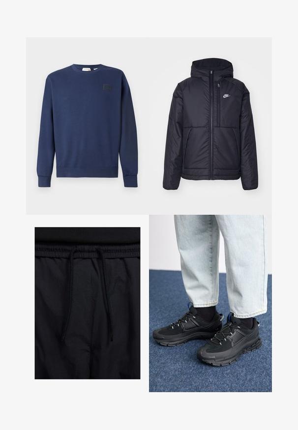 Casaco Nike preto, acolchoado, com fecho à frente e capuz. Apresenta um logo branco no lado esquerdo do peito e dois bolsos frontais. Textura exterior lisa.; Moleton azul marinho feito de uma mistura suave de algodão, com gola redonda, punhos canelados e um emblema texturizado no peito.; Calções pretos com um cós elástico ajustável, fabricados em tecido leve com uma textura suave e um design simples, sem logótipos ou padrões visíveis.; Sapatilhas desportivas pretas com tecido texturizado e solas em borracha, apresentando atacadores elásticos e um detalhe azul no calcanhar. Usadas com calças de ganga claras.