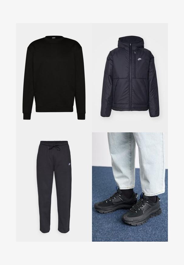 Juodas, paminkštintas Nike džemperis su priekyje užtrauktuku ir gobtuvu. Pasižymi balta logo kairėje krūtinės pusėje ir dviem priekinėmis kišenėmis. Su lygiu išoriniu paviršiumi.; Juoda svičeris su apvalia iškirpte, ilgomis rankovėmis ir nėriniuotais rankogaliais. Pagamintas iš minkštos medžiagos, pasižymintis paprastu, švariu dizainu be raštų.; Juodos sportinės kelnės, pagamintos iš minkštos medžiagos, su elastinga juostele, raišteliu ir mažuoju Nike logotipu kairiajame šlaunyje.; Juodi sportiniai bateliai su tekstūruota medžiaga ir guminiais padais, su elastingomis raišteliais ir mėlynu akcentu ant kulno. Dėvimi su šviesiai mėlynomis džinsinėmis kelnėmis.