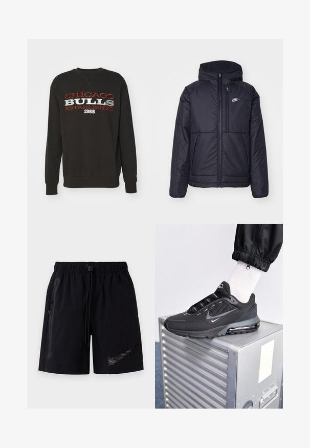 Giacca Nike nera, imbottita, con zip frontale e cappuccio. Presenta un logo bianco sul lato sinistro del petto e doppie tasche frontali. Texture esterna liscia.; New Era NBA CHICAGO BULLS CREW - Squadra - black; Pantaloni sportivi neri con vita elastica e cordino. Presentano tasche laterali con zip e un dettaglio logo perforato vicino all'orlo.; Nike Sportswear PULSE - Sneakers basse - black/anthracite