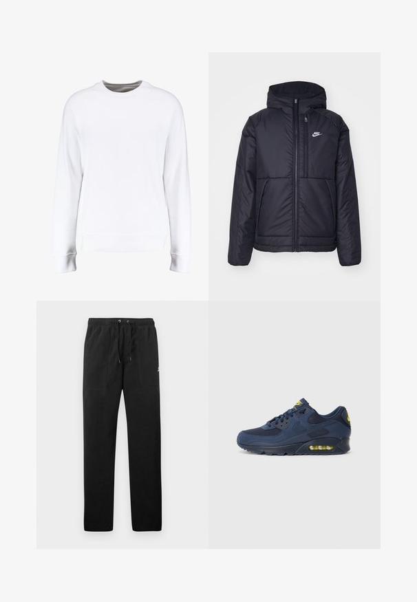 Casaco Nike preto, acolchoado, com fecho à frente e capuz. Apresenta um logo branco no lado esquerdo do peito e dois bolsos frontais. Textura exterior lisa.; Sweatshirt branco com longas mangas raglan, gola redonda, punhos e bainha canelados, apresentando uma textura suave e um design minimalista.; Calças de fato de treino pretas feitas de polar, com uma cintura elástica e cordões, dois bolsos frontais e um pequeno logótipo na coxa.; Tenis Nike Air Max azul marinho com parte superior em camurça e malha, com detalhes amarelos, fecho de atacadores na frente e amortecimento visível na sola.