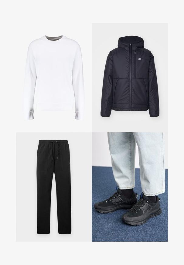Veste Nike noire rembourrée avec une fermeture éclair sur le devant et une capuche. Elle présente un logo blanc sur la poitrine gauche et deux poches avant. Texture extérieure lisse.; Sweatshirt blanc avec de longues manches raglan, col rond, poignets et ourlet côtelés, présentant une texture lisse et un design minimaliste.; Pantalons de survêtement noirs en polaire, dotés d'une taille élastique avec cordons de serrage, de deux poches avant et d'un petit logo sur la cuisse.; Des chaussures de sport noires avec un tissu texturé et des semelles en caoutchouc, dotées de lacets élastiques et d'un accent bleu au talon. Portées avec un pantalon en denim clair.