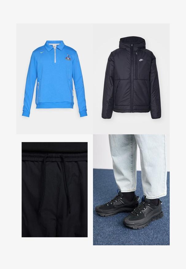 Black, padded Nike jacket with a front zipper and hood. Features a white logo on the left chest and dual front pockets. Smooth exterior texture.; Blue pullover sweatshirt made of soft material, featuring a zip collar, embroidered logo on the chest, and side zip pockets.; Black shorts featuring a drawstring waistband, lightweight fabric with a smooth texture, and a simple design without visible logos or patterns.; Black athletic shoes with textured fabric and rubber soles, featuring elastic laces and a blue accent on the heel. Worn with light denim pants.