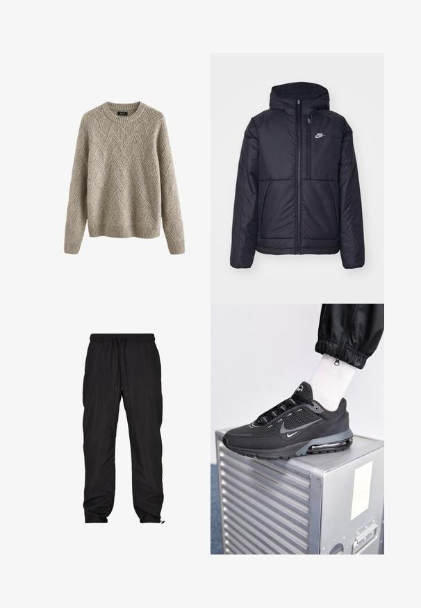 Veste Nike noire rembourrée avec une fermeture éclair sur le devant et une capuche. Elle présente un logo blanc sur la poitrine gauche et deux poches avant. Texture extérieure lisse.; Pull en maille beige clair avec un motif en losange texturé, col rond et poignets et ourlet côtelés.; Pantalons noirs, légers et résistants à l'eau, avec une taille élastique, un cordon de serrage ajustable, des poches latérales et des poignets fuselés.; Nike Sportswear PULSE - Baskets basses - black/anthracite