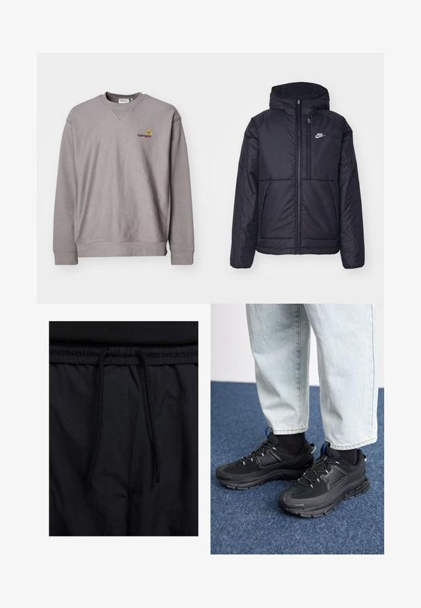 Črna, podložena Nike jakna z sprednjim zadrgo in kapuco. Ima bel logo na levem prsnem delu in dvojna sprednja žepa. Gladka zunanja tekstura.; Siv pulover s krojačkim izrezom, rebrastim manžetama in subtilnim logotipom v vezenem rumenem in burgundskem. Narejen iz mehke, teksturirane tkanine.; Črne kratke hlače z vrvico v pasu, lahkotna tkanina z gladko teksturo in preprosto zasnovo brez vidnih logotipov ali vzorcev.; Črne športne čevlje z teksturirano tkanino in gumijastimi podplati, ki imajo elastične vezalke ter modre poudarke na peti. Nosi se z lahkimi denim hlačami.