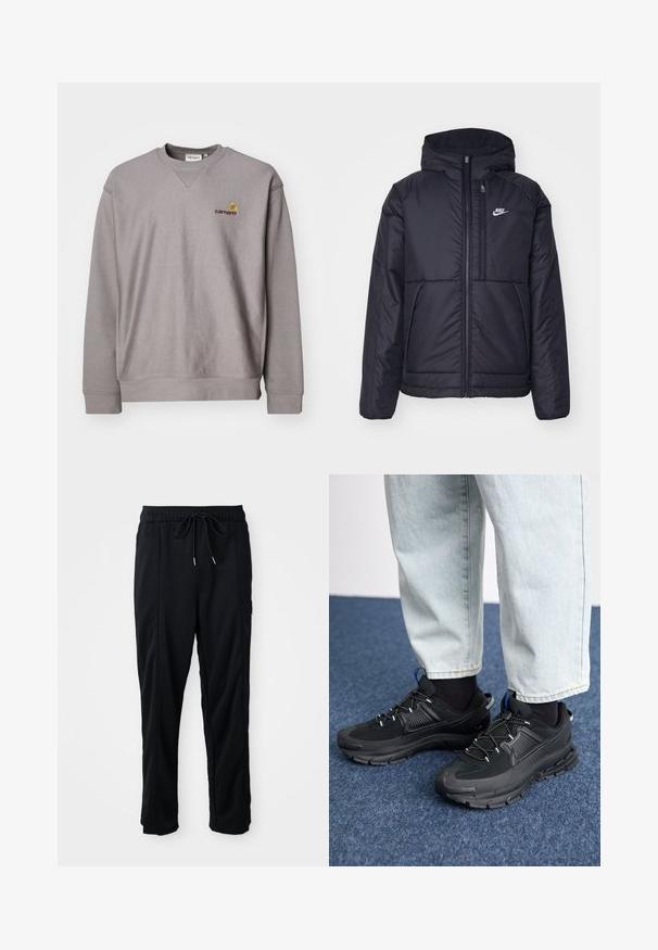 Black, padded Nike jacket with a front zipper and hood. Features a white logo on the left chest and dual front pockets. Smooth exterior texture.; Gray sweatshirt with a crew neckline, ribbed cuffs, and a subtle logo in embroidered yellow and burgundy. Made of soft, textured fabric.; Black drawstring waist casual pants with side seam pockets and straight leg cut on a plain background.; Black athletic shoes with textured fabric and rubber soles, featuring elastic laces and a blue accent on the heel. Worn with light denim pants.