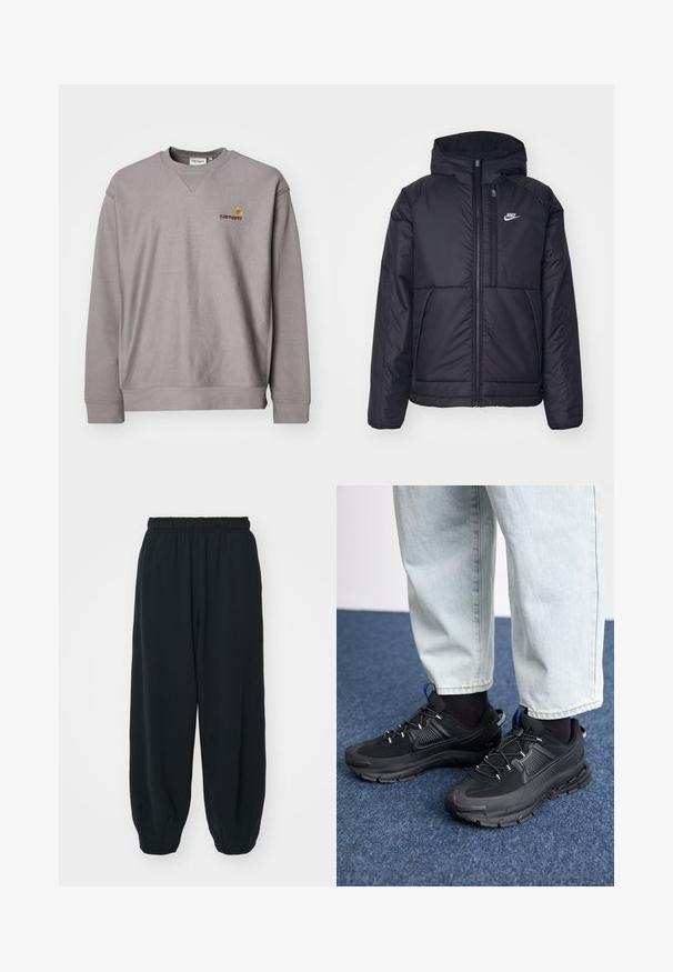 Black, padded Nike jacket with a front zipper and hood. Features a white logo on the left chest and dual front pockets. Smooth exterior texture.; Gray sweatshirt with a crew neckline, ribbed cuffs, and a subtle logo in embroidered yellow and burgundy. Made of soft, textured fabric.; Black, elasticated-waist sweatpants with a loose fit, cuffed ankles, smooth texture, and no visible patterns or hardware accents.; Black athletic shoes with textured fabric and rubber soles, featuring elastic laces and a blue accent on the heel. Worn with light denim pants.