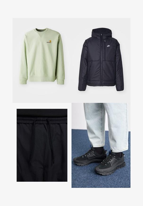 Čierna, polstrovaná bunda Nike so zipsom vpredu a kapucňou. Na ľavej strane hrude sa nachádza biele logo a sú tu dva predné vrecká. Hladký vonkajší povrch.; Svetlozelená mikina vyrobená z bavlnenej zmesi. Má rebrované manžety a lem, s malým vyšitým logom na hrudi. Jednoduchý dizajn, okrúhly výstrih.; Čierne šortky s pásom na stiahnutie, z ľahkej látky s hladkou textúrou a jednoduchým dizajnom bez viditeľných log alebo vzorov.; Čierne športové topánky s textúrovanou tkaninou a gumovou podrážkou, so elastickými šnúrkami a modrým akcentom na päte. Nosia sa s svetlými riflami.