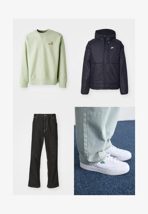 Veste Nike noire rembourrée avec une fermeture éclair sur le devant et une capuche. Elle présente un logo blanc sur la poitrine gauche et deux poches avant. Texture extérieure lisse.; Sweatshirt vert clair en mélange de coton. Il est doté de poignets et d'un ourlet côtelés, avec un petit logo brodé sur la poitrine. Design simple, col ras du cou.; Jean en denim noir avec une coupe ample, comportant des coutures blanches contrastantes, une fermeture à bouton et un design à jambes droites.; Baskets en cuir blanc avec logo Nike vert, bout rond, semelle plate, associées à un pantalon en denim bleu clair, présentées sur un tapis bleu.