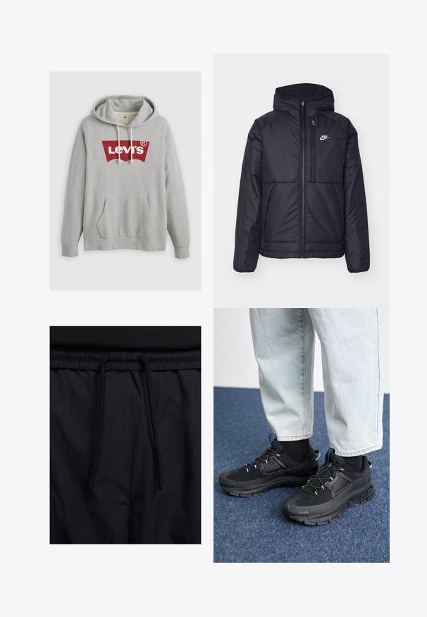Chaqueta acolchada negra de Nike con cremallera frontal y capucha. Presenta un logo blanco en el lado izquierdo del pecho y dos bolsillos frontales. Textura exterior suave.; Sudadera gris con un gran logotipo rojo de Levi's, capucha con cordón, bolsillo frontal y puños acanalados. Hecha de una tela suave y texturizada.; Pantalones cortos negros con cinturilla ajustable, tejido ligero con una textura suave y un diseño sencillo sin logotipos visibles ni patrones.; Zapatillas deportivas negras con tejido texturizado y suelas de goma, con cordones elásticos y un acento azul en el talón. Combinadas con pantalones de mezclilla claros.