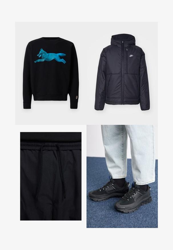 Veste Nike noire rembourrée avec une fermeture éclair sur le devant et une capuche. Elle présente un logo blanc sur la poitrine gauche et deux poches avant. Texture extérieure lisse.; Sweatshirt noir avec un graphique turquoise d'un renard sautant. Possède des poignets et un ourlet côtelés, ainsi qu'un petit logo de cornet de glace sur la manche.; Shorts noirs avec un élastique à cordon de serrage, en tissu léger avec une texture lisse, et un design simple sans logos ni motifs visibles.; Des chaussures de sport noires avec un tissu texturé et des semelles en caoutchouc, dotées de lacets élastiques et d'un accent bleu au talon. Portées avec un pantalon en denim clair.