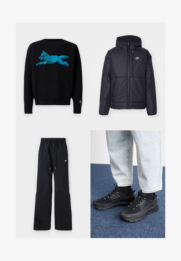 Zwarte, gewatteerde Nike-jas met een voorkant met ritssluiting en capuchon. Kenmerkt zich door een wit logo op de linkerborst en dubbele frontzakken. Gladde buitenkant.; Zwarte sweatshirt met een turquoise grafiek van een springende vos. Voorzien van ribgebreide manchetten en zoom, en een klein ijsje logo op de mouw.; Zwarte sportbroek met elastische tailleband, witte zijstrepen, ritsen aan de pijpen en een rubberen logo detail aan de voorkant.; Zwarte sportschoenen met gestructureerde stof en rubberen zolen, met elastische veters en een blauwe accent op de hiel. Draag samen met lichte spijkerbroeken.