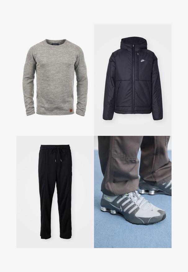 Veste Nike noire rembourrée avec une fermeture éclair sur le devant et une capuche. Elle présente un logo blanc sur la poitrine gauche et deux poches avant. Texture extérieure lisse.; Pull en tricot gris clair avec col rond, poignets côtelés et petite étiquette en cuir au bas. Texture douce avec un motif subtil.; Pantalons décontractés noirs à taille à cordon de serrage avec poches latérales et coupe droite sur fond uni.; Des baskets Nike Shox grises et argentées présentent un design élégant, avec des matériaux en mesh et synthétiques, un bout arrondi et un col rembourré.
