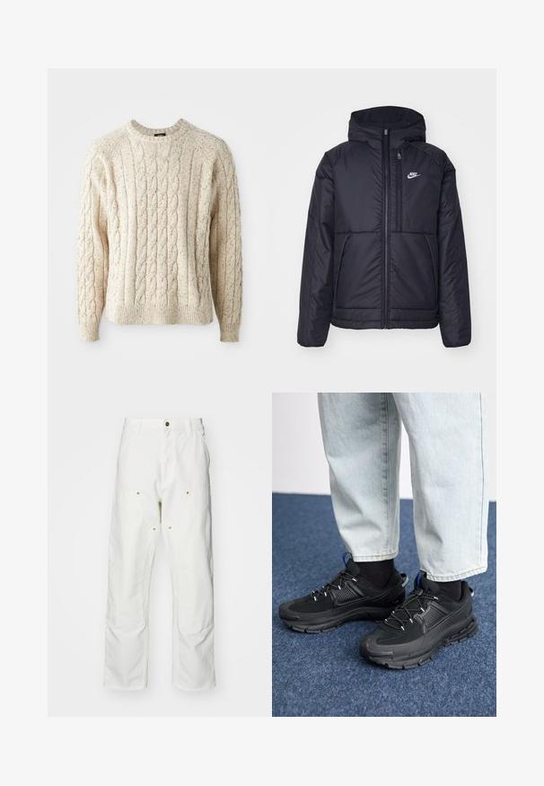 Svart, polstret Nike-jakke med frontglidelås og hette. Har en hvit logo på venstre bryst og doble frontlommer. Glatt ytterside.; Kremfarget kabelstrikket genser med rund hals, teksturert mønster og ribbestrikkede mansjetter og kant. Laget av mykt, tykt garn.; Hvite bomullscargo bukser med avslappet passform. Funksjoner inkluderer frontlommer, gullfargede detaljer og forsterkede knepartier.; Svarte sportssko med teksturert stoff og gummisåler, med elastiske lisser og en blå detalj på hælen. Brukt med lyse denimbukser.