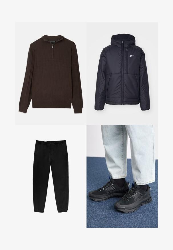 Schwarze, gepolsterte Nike-Jacke mit Frontreißverschluss und Kapuze. Hat ein weißes Logo auf der linken Brust und zwei Fronttaschen. Glattes äußeres Material.; Brauner Strickpullover mit einem Viertelreißverschluss-Kragen. Besitzt ein strukturiertes Muster mit erhöhten Quadraten. Lange Ärmel und ein gerader Saum.; Schwarze Hose mit elastischem Bund und Kordelzug, tapered Beinen, Seitentaschen und subtilen seitlichen Stickdetails. Weicher Baumwollstoff.; Schwarze Sportschuhe aus strukturiertem Stoff mit Gummisohlen, ausgestattet mit elastischen Schnürsenkeln und einem blauen Akzent an der Ferse. Getragen mit hellen Jeans.