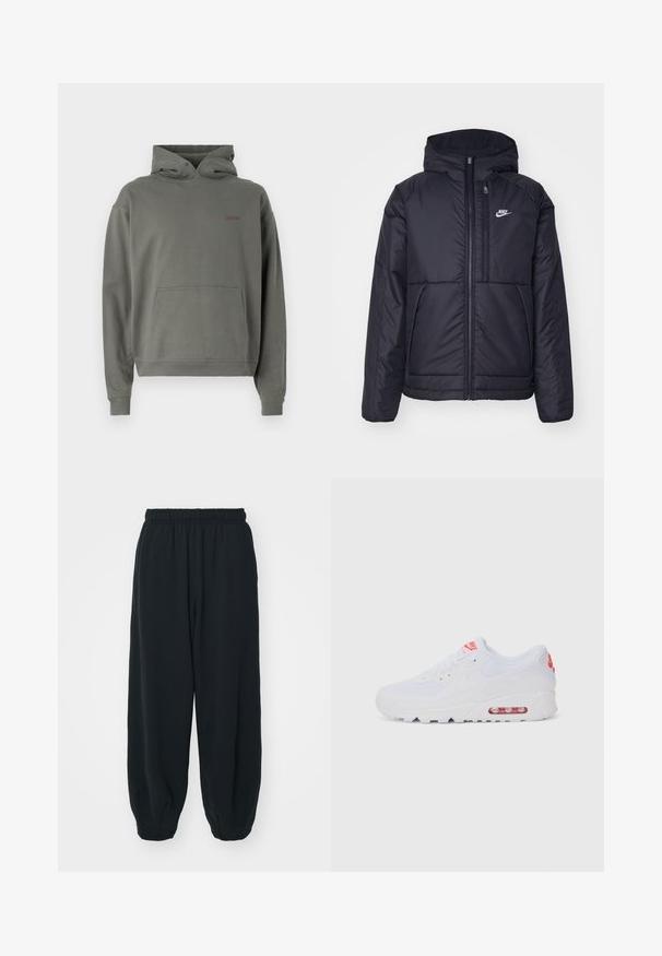 Svart, vadderad Nike-jacka med dragkedja framtill och huva. Har en vit logotyp på vänster bröst och dubbla framfickor. Slät yttextur.; Huva sweatshirt i olivgrön, tillverkad av mjukt tyg. Har en framficka, ribbade ärmslut och en liten logotyp på bröstet.; Svarta, elastiska sweatpants med lös passform, mudd vid anklarna, slät textur och utan synliga mönster eller detaljer i metall.; Vit atletisk sneaker med en slät överdel, snörning, vadderad sula och en synlig luftenhet med röda detaljer på varumärket.