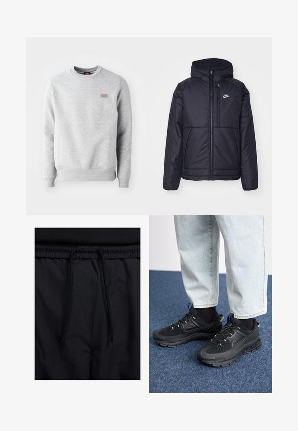 Casaco Nike preto, acolchoado, com fecho à frente e capuz. Apresenta um logo branco no lado esquerdo do peito e dois bolsos frontais. Textura exterior lisa.; Sweatshirt cinza com gola redonda, punhos e bainha canelados, feito de um material de algodão macio. Apresenta um pequeno logótipo no lado esquerdo do peito.; Calções pretos com um cós elástico ajustável, fabricados em tecido leve com uma textura suave e um design simples, sem logótipos ou padrões visíveis.; Sapatilhas desportivas pretas com tecido texturizado e solas em borracha, apresentando atacadores elásticos e um detalhe azul no calcanhar. Usadas com calças de ganga claras.