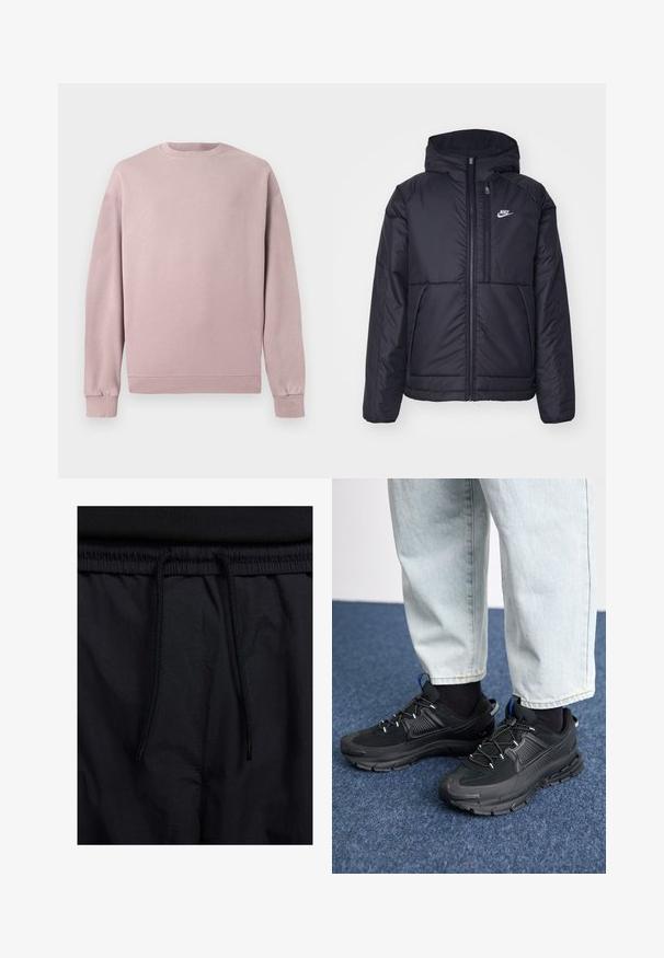 Črna, podložena Nike jakna z sprednjim zadrgo in kapuco. Ima bel logo na levem prsnem delu in dvojna sprednja žepa. Gladka zunanja tekstura.; Svetlo roza majica s klasičnim okroglim izrezom, rebrastimi manšetami in robom. Narejena iz mehkega, teksturiranega materiala. Preprost dizajn brez vzorcev.; Črne kratke hlače z vrvico v pasu, lahkotna tkanina z gladko teksturo in preprosto zasnovo brez vidnih logotipov ali vzorcev.; Črne športne čevlje z teksturirano tkanino in gumijastimi podplati, ki imajo elastične vezalke ter modre poudarke na peti. Nosi se z lahkimi denim hlačami.