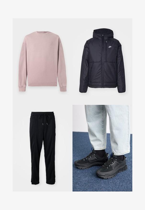 Casaco Nike preto, acolchoado, com fecho à frente e capuz. Apresenta um logo branco no lado esquerdo do peito e dois bolsos frontais. Textura exterior lisa.; Sweatshirt rosa claro com um pescoço redondo clássico, punhos e bainha canelados. Feito de um material macio e texturizado. Design simples sem padrões.; Calças casuais pretas com cordão na cintura, com bolsos laterais e corte reto, sobre um fundo simples.; Sapatilhas desportivas pretas com tecido texturizado e solas em borracha, apresentando atacadores elásticos e um detalhe azul no calcanhar. Usadas com calças de ganga claras.