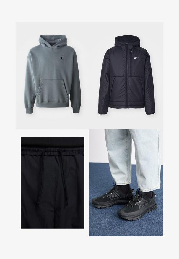 Čierna, polstrovaná bunda Nike so zipsom vpredu a kapucňou. Na ľavej strane hrude sa nachádza biele logo a sú tu dva predné vrecká. Hladký vonkajší povrch.; Šedá mikina s kapucňou z mäkkej látky, so klokankovým vreckom a rebrovanými manžetami. Čierna vyšívaná značka Jumpman na ľavej hrudi.; Čierne šortky s pásom na stiahnutie, z ľahkej látky s hladkou textúrou a jednoduchým dizajnom bez viditeľných log alebo vzorov.; Čierne športové topánky s textúrovanou tkaninou a gumovou podrážkou, so elastickými šnúrkami a modrým akcentom na päte. Nosia sa s svetlými riflami.