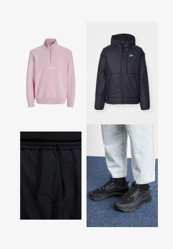 Črna, podložena Nike jakna z sprednjim zadrgo in kapuco. Ima bel logo na levem prsnem delu in dvojna sprednja žepa. Gladka zunanja tekstura.; Roza pulover majica s četrt zadrgo, rebrastimi manšetami in belim logotipom na prsih. Mehka tkanina, sproščen kroj.; Črne kratke hlače z vrvico v pasu, lahkotna tkanina z gladko teksturo in preprosto zasnovo brez vidnih logotipov ali vzorcev.; Črne športne čevlje z teksturirano tkanino in gumijastimi podplati, ki imajo elastične vezalke ter modre poudarke na peti. Nosi se z lahkimi denim hlačami.