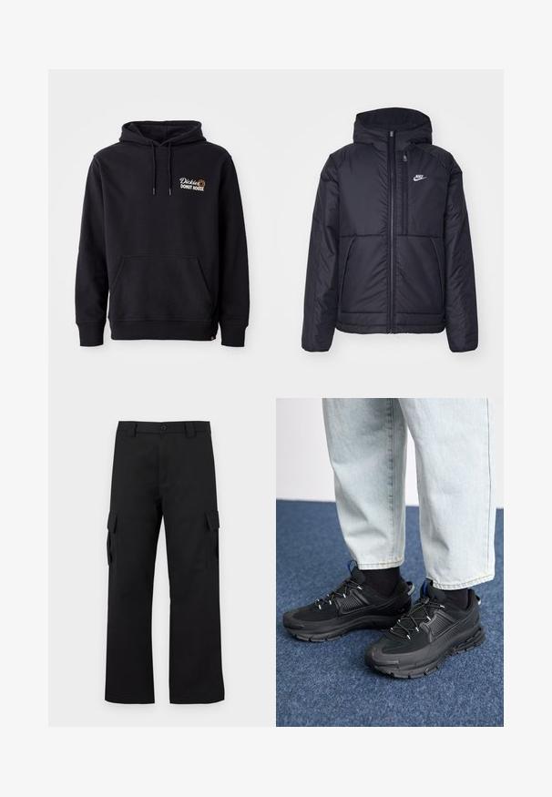 Fekete, párnázott Nike dzseki elülső cipzárral és kapucnival. A bal mellen fehér logó található, valamint két elülső zseb. Simának tűnő külső felület.; Fekete kapucnis pulóver pamut keverék anyagból, elöl zsebbekkel, bordás mandzsettákkal és hímzett logóval a bal mellen.; Fekete cargo nadrág egyenes szárú kialakítással. Tartós anyagból készült, két oldalzsebbel, tépőzáras fedéllel és gombos zipzárral.; Fekete sportcipők texturált anyaggal és gumitalppal, elasztikus fűzőkkel és kék kiegészítővel a saroknál. Világos farmernadrággal viselve.