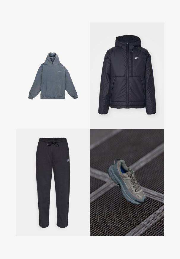 Zwarte, gewatteerde Nike-jas met een voorkant met ritssluiting en capuchon. Kenmerkt zich door een wit logo op de linkerborst en dubbele frontzakken. Gladde buitenkant.; Grijze katoenen hoodie met een voorzak (kangaroo pocket), een capuchon met trekkoord en geribde cuffs. Bevat subtiele "Dropsize" tekst op de borst.; Zwarte sweatpants van zacht stof met een elastische tailleband, trekkoord en een klein Nike-logo op de linker bovenbeen.; Beige en grijze sportschoen met een textuur van mesh bovenwerk, een ronde neus en een rubberen zool, met veters en een gevoerd kransje.