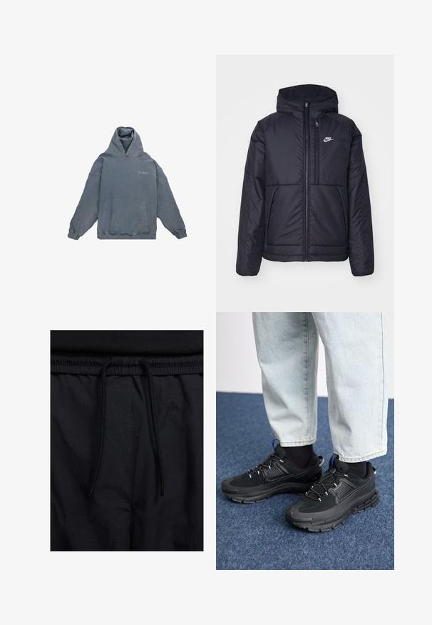 Czarna, pikowana kurtka Nike z przednim zamkiem błyskawicznym i kapturem. Posiada białe logo po lewej stronie klatki piersiowej oraz podwójne kieszenie z przodu. Gładka struktura zewnętrzna.; Szary bawełniany hoodie z kieszenią kangurzą z przodu, kapturem ze sznurkiem i ściągaczami przy mankietach. Zawiera subtelny napis "Dropsize" na klatce piersiowej.; Czarne szorty z elastycznym paskiem na sznurku, lekkiego materiału o gładkiej fakturze oraz prostym wzornictwie bez widocznych logo czy wzorów.; Czarne buty sportowe z teksturowanej tkaniny i gumowymi podeszwami, z elastycznymi sznurówkami i niebieskim akcentem na pięcie. Noszone z jasnymi dżinsami.
