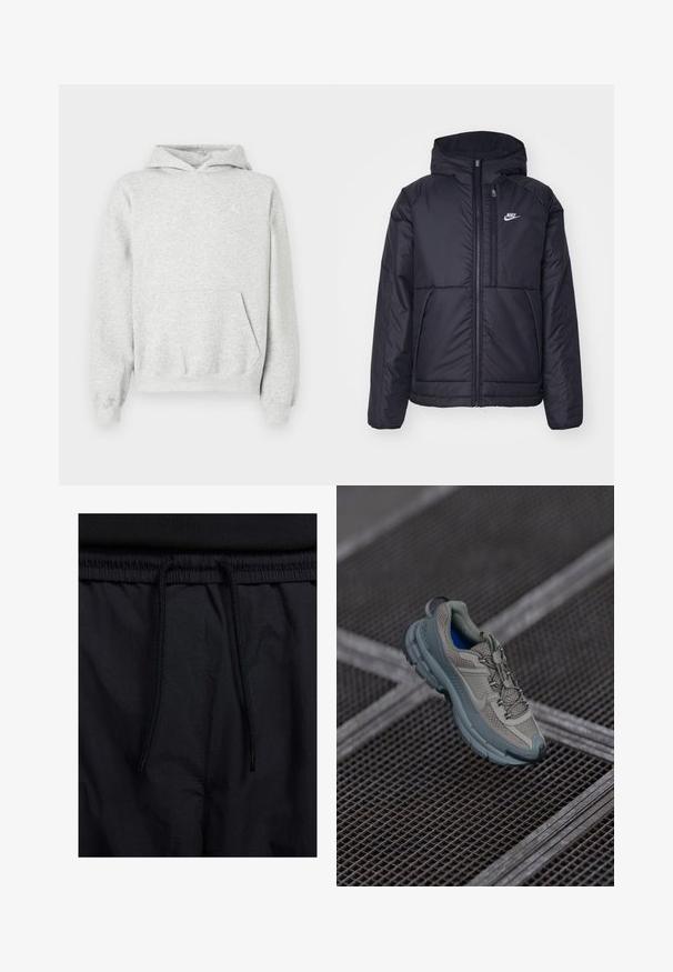 Black, padded Nike jacket with a front zipper and hood. Features a white logo on the left chest and dual front pockets. Smooth exterior texture.; Gray hoodie made of cotton blend fabric, featuring a kangaroo pocket, ribbed cuffs and hem, and a white logo on the left chest.; Black shorts featuring a drawstring waistband, lightweight fabric with a smooth texture, and a simple design without visible logos or patterns.; Beige and gray athletic shoe with textured mesh upper, rounded toe, and rubber sole, featuring laces and a padded collar.