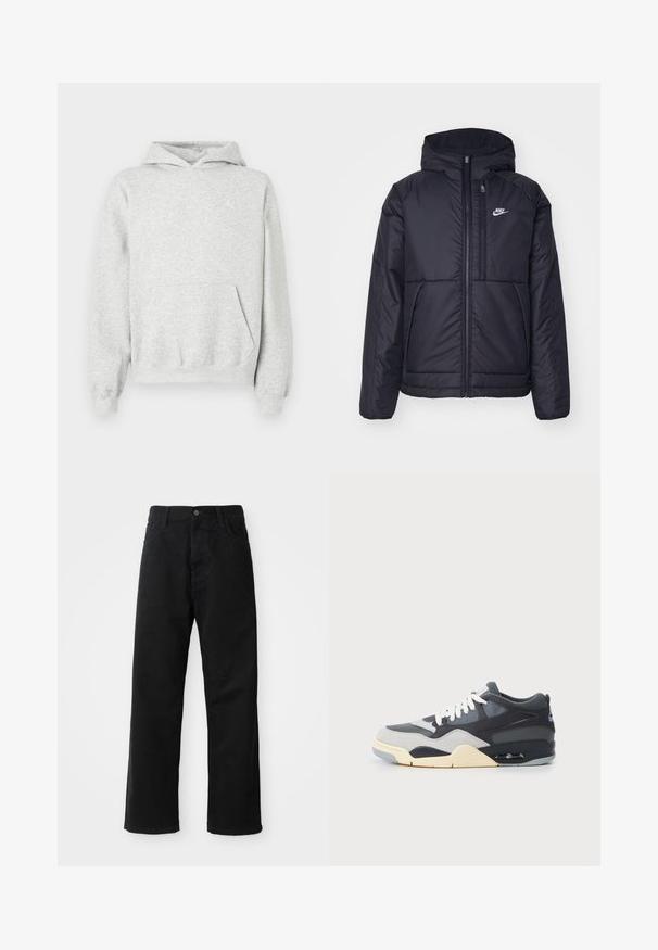 Black, padded Nike jacket with a front zipper and hood. Features a white logo on the left chest and dual front pockets. Smooth exterior texture.; Gray hoodie made of cotton blend fabric, featuring a kangaroo pocket, ribbed cuffs and hem, and a white logo on the left chest.; Black denim pants with a straight cut, featuring front pockets, a zip fly, and a single top button. Textured fabric with a matte finish.; Sneaker with a mixed material upper in gray and navy, cushioned sole, white laces, and a blue accent logo on the heel.