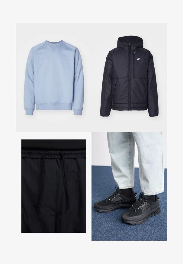 Fekete, párnázott Nike dzseki elülső cipzárral és kapucnival. A bal mellen fehér logó található, valamint két elülső zseb. Simának tűnő külső felület.; Világoskék, pamut keverékből készült pulóver. Jellemzői: kerek nyakú, bordás mandzsetták és szegélyek, valamint egy háromszög alakú varrási részlet a nyaknál.; Fekete rövidnadrág, húzózsinórral ellátott derékrésszel, könnyű anyagból, sima felszínen, egyszerű dizájnnal, látható logók vagy minták nélkül.; Fekete sportcipők texturált anyaggal és gumitalppal, elasztikus fűzőkkel és kék kiegészítővel a saroknál. Világos farmernadrággal viselve.