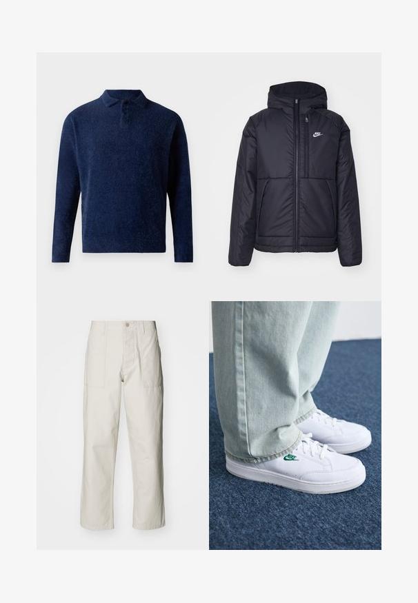 Chaqueta acolchada negra de Nike con cremallera frontal y capucha. Presenta un logo blanco en el lado izquierdo del pecho y dos bolsillos frontales. Textura exterior suave.; Suéter azul marino hecho de una tela suave y texturizada. Cuenta con un cuello, una tapeta de tres botones y mangas largas. Diseño minimalista.; Pantalones de pierna ancha color beige claro, hechos de algodón. Cuentan con bolsillos frontales y cierre de botón. Textura suave con sutiles líneas verticales.; Zapatillas de cuero blanco con logo de Nike verde, puntera redonda, suela plana, combinadas con pantalones de mezclilla azul claro, sobre una alfombra azul.