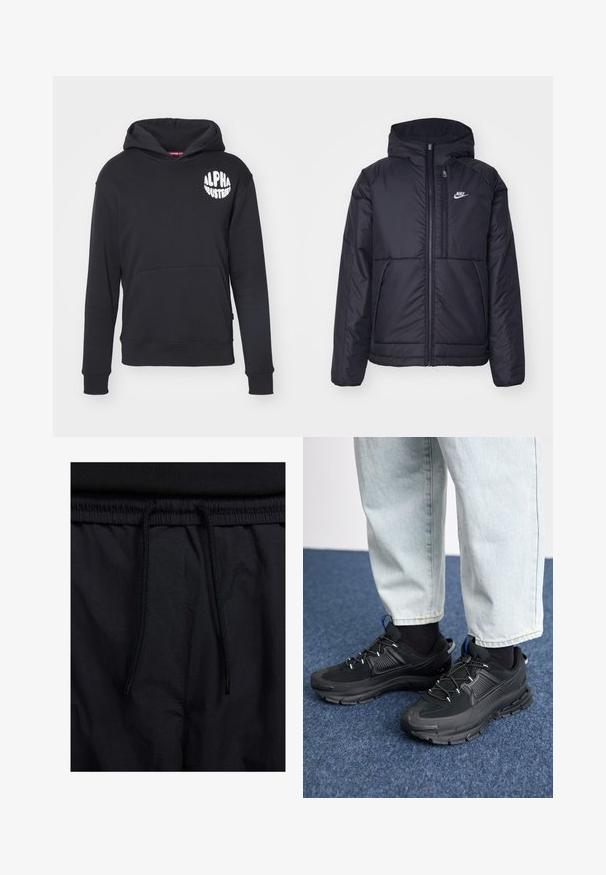 Črna, podložena Nike jakna z sprednjim zadrgo in kapuco. Ima bel logo na levem prsnem delu in dvojna sprednja žepa. Gladka zunanja tekstura.; Črna kapuca iz mešanice bombaža. Ima sprednji kenguru žep, belo logo na levem prsnem delu ter rebraste manšete in spodnji rob.; Črne kratke hlače z vrvico v pasu, lahkotna tkanina z gladko teksturo in preprosto zasnovo brez vidnih logotipov ali vzorcev.; Črne športne čevlje z teksturirano tkanino in gumijastimi podplati, ki imajo elastične vezalke ter modre poudarke na peti. Nosi se z lahkimi denim hlačami.