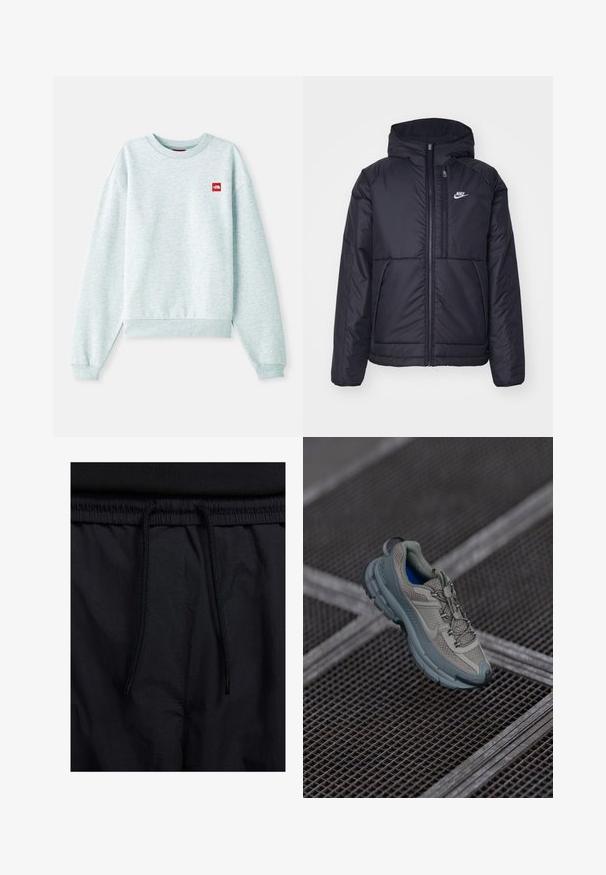 Svart, polstret Nike-jakke med frontglidelås og hette. Har en hvit logo på venstre bryst og doble frontlommer. Glatt ytterside.; Lys blå genser i et mykt, teksturert stoff. Har en ribbet crew-halstingning og mansjetter, med et lite rødt logo-patch på brystet.; Sorte shorts med snor i livet, lett stoff med en jevn tekstur, og et enkelt design uten synlige logoer eller mønstre.; Beige og grå idrettssko med strukturert nettingoverdel, rund tå og gummisåle, med lisser og polstret krage.