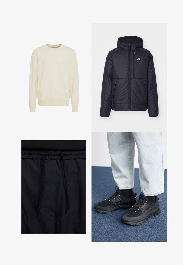 Black, padded Nike jacket with a front zipper and hood. Features a white logo on the left chest and dual front pockets. Smooth exterior texture.; Light beige sweatshirt, crew neck, long sleeves, soft fabric, ribbed cuffs and hem, side slits for easier movement, minimalistic design.; Black shorts featuring a drawstring waistband, lightweight fabric with a smooth texture, and a simple design without visible logos or patterns.; Black athletic shoes with textured fabric and rubber soles, featuring elastic laces and a blue accent on the heel. Worn with light denim pants.