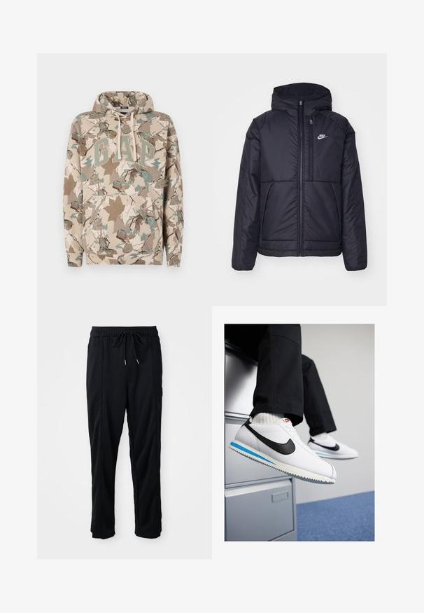 Zwarte, gewatteerde Nike-jas met een voorkant met ritssluiting en capuchon. Kenmerkt zich door een wit logo op de linkerborst en dubbele frontzakken. Gladde buitenkant.; Beige hoodie met een camouflagebladpatroon, voorzien van een groot "GAP" logo in het groen en een voorzak. Gemaakt van zachte, gestructureerde stof.; Zwarte casual broek met koord in de taille, met zijzakken en rechte pijpen op een effen achtergrond.; Witte leren sneakers met een zwarte Nike swoosh, lichtblauwe en grijze rubberen zool, en een klassiek vetersluiting ontwerp. Voeten rustend op een archiefkast.