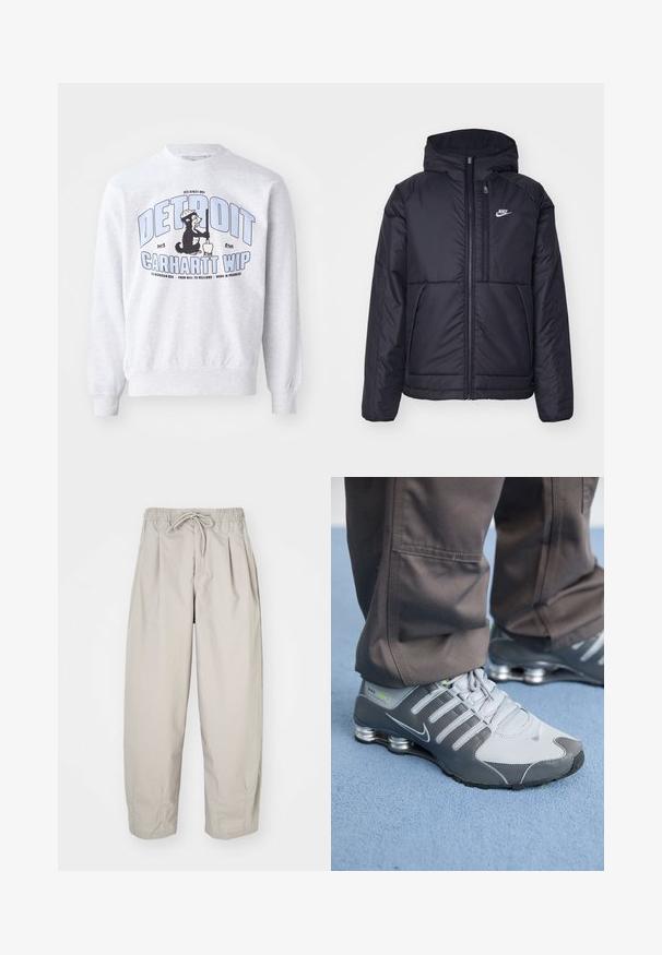Μαύρο, επενδυμένο μπουφάν Nike με μπροστινό φερμουάρ και κουκούλα. Διαθέτει λευκό λογότυπο στο αριστερό στήθος και διπλές μπροστινές τσέπες. Λείο εξωτερικό υλικό.; Γκρίζα φούτερ με ριγέ μανσέτες και τελείωμα, που διαθέτει γραφική απεικόνιση μιας αρκούδας με κράνος εργασίας και κείμενο "Detroit Carhartt WIP" σε μπλε χρώμα.; Μπεζ, ελαφριά παντελόνια με ελαστική μέση και κορδόνι. Διαθέτουν πτυχώσεις και άνετη εφαρμογή, κατασκευασμένα από μαλακό, λείο ύφασμα.; Γκρίζα και ασημένια αθλητικά παπούτσια Nike Shox με κομψό σχεδιασμό, από πλέγμα και συνθετικά υλικά, στρογγυλή μύτη και επενδεδυμένο κολάρο.