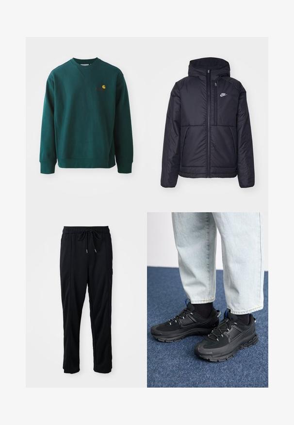 Juodas, paminkštintas Nike džemperis su priekyje užtrauktuku ir gobtuvu. Pasižymi balta logo kairėje krūtinės pusėje ir dviem priekinėmis kišenėmis. Su lygiu išoriniu paviršiumi.; Tamsiai žalias medvilninis džemperis su gubtuviu, ilgomis rankovėmis ir mažuoju Carhartt logotipu ant krūtinės.; Juodos laisvos kelnės su raišteliu liemens, šoninėmis kišenėmis ir tiesiu kirpimu ant vienodos fono.; Juodi sportiniai bateliai su tekstūruota medžiaga ir guminiais padais, su elastingomis raišteliais ir mėlynu akcentu ant kulno. Dėvimi su šviesiai mėlynomis džinsinėmis kelnėmis.